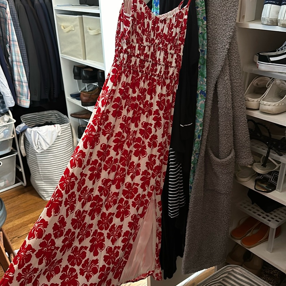 Faithfull the Brand Orsitta Midi Dress Size 4 Red White Tropical Floral Print XS